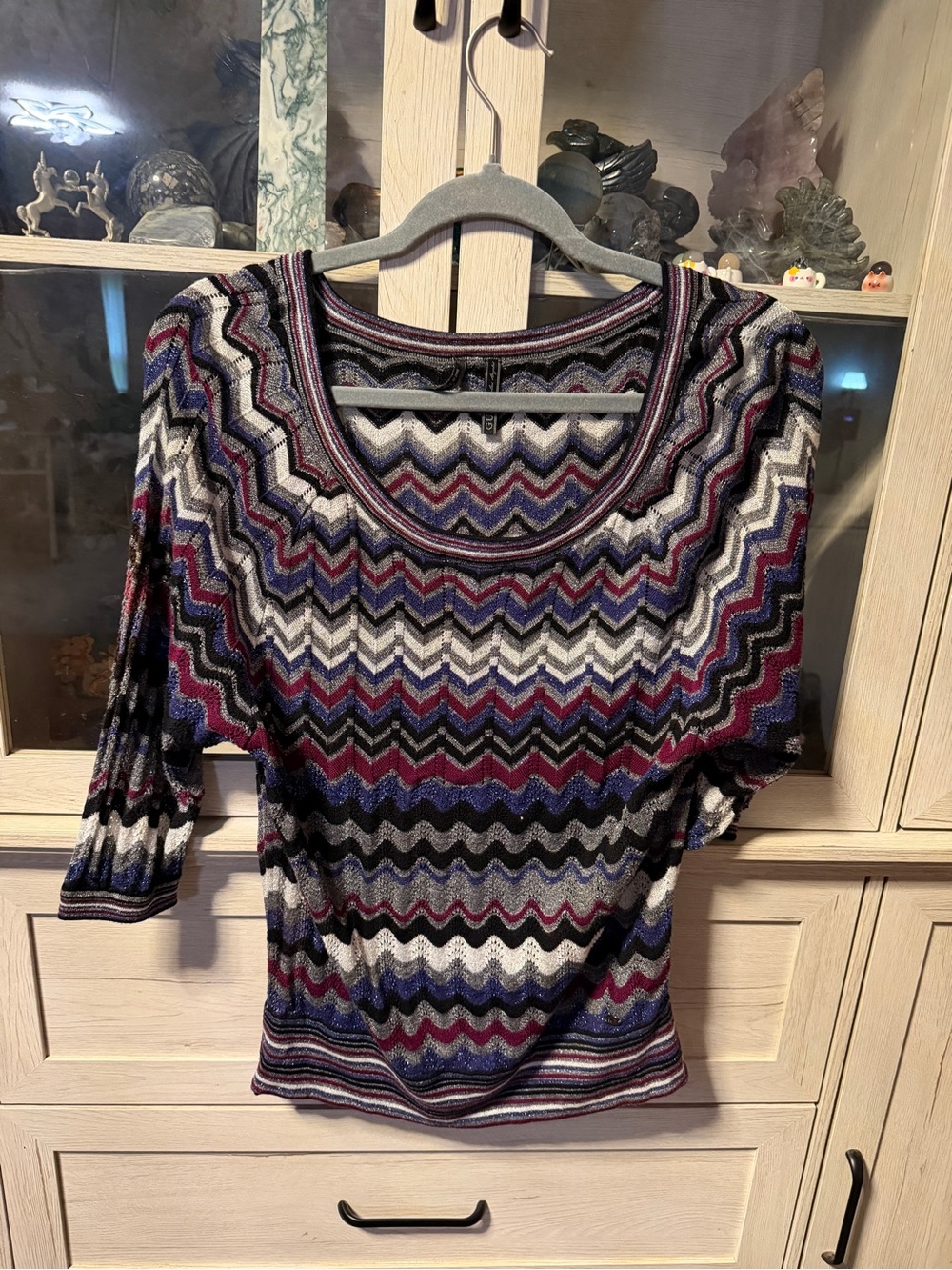 Guess Multicolor Chevron Scoop Neck Knit Top - Black, White, Purple, Blue